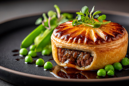 Savory beef pie with flaky pastry, served alongside fresh green peas on a dark plateの素材
