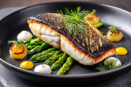 Pan fried sea bass fillet served with green asparagus, onions, and delicate saucesの素材
