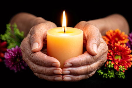 Wrinkled hands cradling a lit candle, surrounded by colorful flowers, symbolizing remembrance and hopeの素材