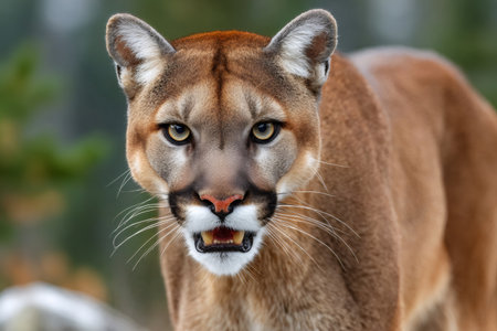 Cougar watching intently, mouth open slightly, showing sharp teethの素材