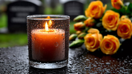 Candle burning brightly in rain beside yellow roses at a cemeteryの素材