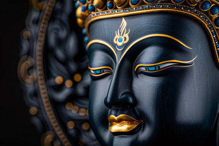 Buddha statue showcasing calm expression, delicate gold and blue details, deep spiritualityの素材