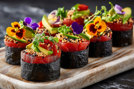 Plating gourmet sushi rolls made with fresh tuna, avocado, sesame, and delicate edible flowersの素材