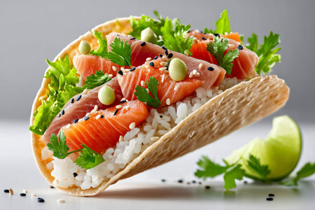 Sushi tacos featuring raw salmon, white rice, green lettuce, cilantro, and creamy wasabiの素材