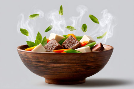Hot beef stew bowl with vegetables, meat, and fresh mintの素材