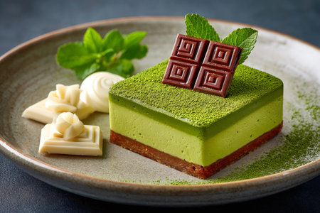 Square matcha green tea cake on a plate with chocolate and white chocolate garnishの素材