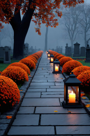 Stone path through a cemetery with lit lanterns and orange mums during an autumn foggy morningの素材