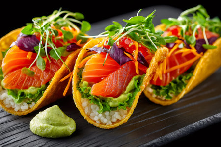 Tacos filled with fresh salmon, rice, avocado, and microgreens on a dark slateの素材