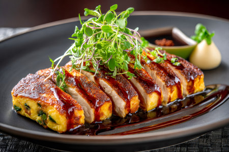 Sliced roast duck breast served with glazed sauce, microgreens, and a side dishの素材