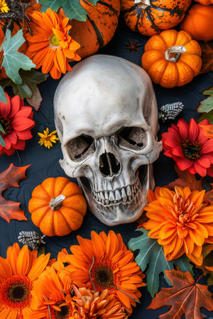 Skull surrounded by mini pumpkins, orange and red flowers, and fall leaves for Halloweenの素材