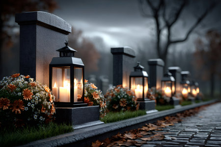 Headstones lining a path, displaying lanterns with candles and flower arrangements on a somber dayの素材