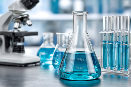Laboratory glassware holding blue liquid with a microscope and test tubes in a science labの素材
