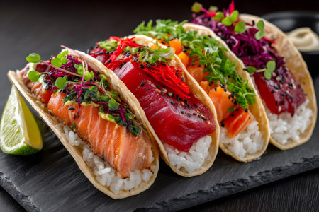 Sushi tacos with salmon and tuna, rice, and fresh vegetables on a slate boardの素材