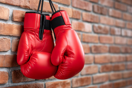Red boxing gloves hanging against a textured old brick wall backgroundの素材