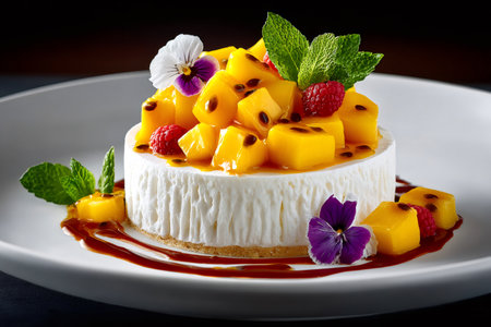Exquisite cheesecake dessert plating with fresh tropical fruit and edible flowerの素材