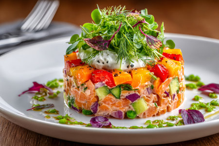 Salmon tartare appetizer dish presenting fresh ingredients, herbs, and gourmet decoration on a white plateの素材