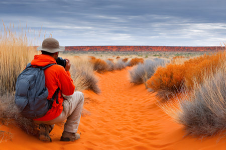 Photographer with backpack crouching in orange desert sand, capturing landscape view under skyの素材