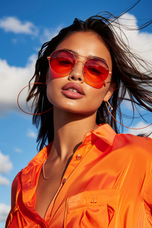 Fashionable woman posing in vibrant orange accessories and clothing under a bright summer skyの素材