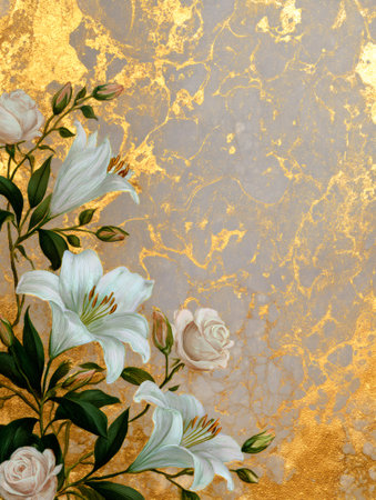 Delicate white floral elements blending with an opulent gold leaf and gray marble textureの素材