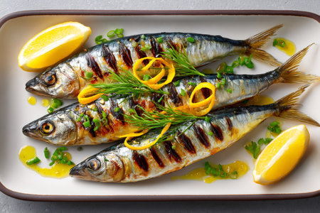 Three grilled sardines arranged on a plate with fresh lemon and herbsの素材