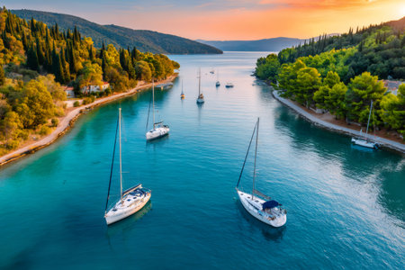Sailboats anchoring in a serene bay surrounded by lush green forests at sunsetの素材