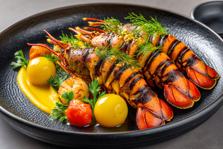 Grilled lobster tails and scallops served with vibrant sauces and fresh herbs on a black plateの素材