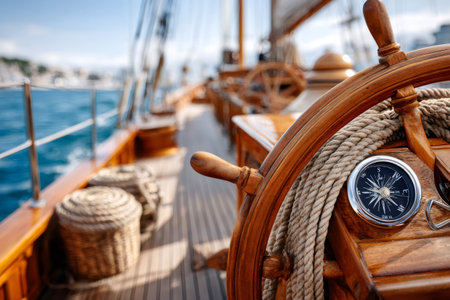 Classic sailboat deck featuring a wooden steering wheel, rope, and compass, indicating directionの素材