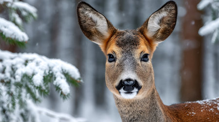Roe deer in a winter forest, observing the camera with a curious expressionの素材