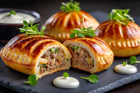 Golden baked pastry pockets filled with ground beef, herbs, and potatoes, served with dipping sauceの素材