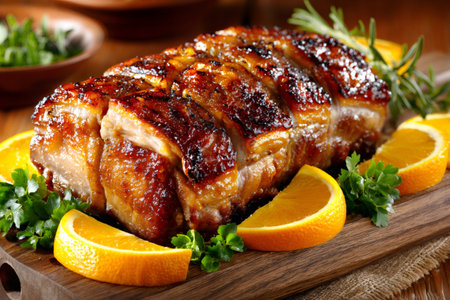 Roast pork dinner with orange and herbs on cutting boardの素材