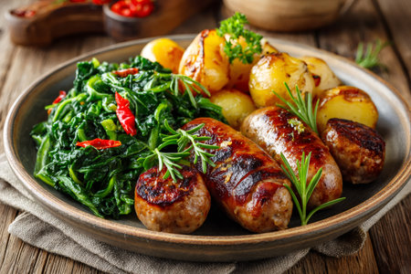 Hearty meal featuring grilled pork sausages, roasted baby potatoes, and chili spinach on a rustic plateの素材