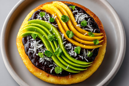 Pancake topped with avocado, mango, black beans, coconut, and mint on a gray dishの素材