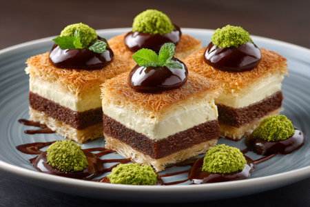 Chocolate kadayif pastries with cream filling, topped with ganache, crushed pistachio, and fresh mintの素材
