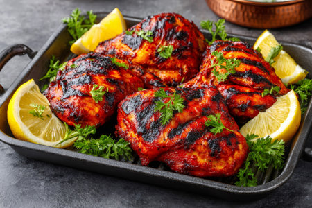 Chicken grilled and seasoned with tandoori spices in a cast iron pan, garnished with fresh herbs and lemonの素材