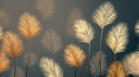 Golden and light golden feather like plants creating an elegant, modern, abstract backgroundの素材