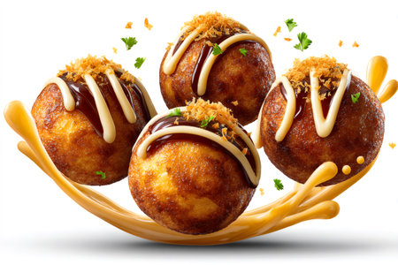Takoyaki japanese octopus balls floating with sauce, furikake, and parsley flakesの素材