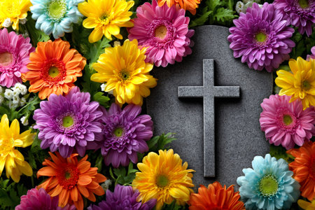 Gravestone with a cross surrounded by various colorful gerbera daisies and lush greeneryの素材