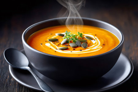 Hot pumpkin soup in a dark bowl, garnished with cream swirls, pumpkin seeds, and thymeの素材