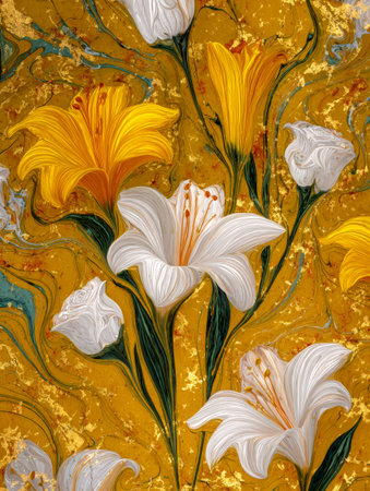 White and yellow lilies emerging from a vibrant golden ebru marbled paperの素材