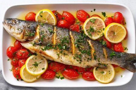 Whole roasted fish serving a healthy Mediterranean dinner with fresh ingredientsの素材