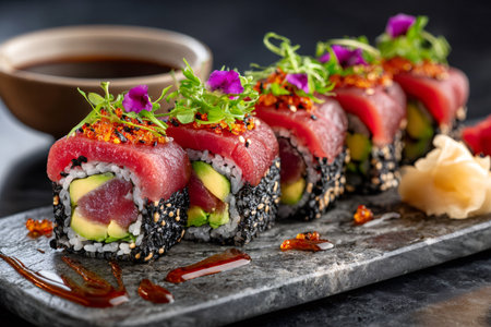 Fresh tuna, avocado, and rice rolls presenting fine dining Japanese cuisineの素材