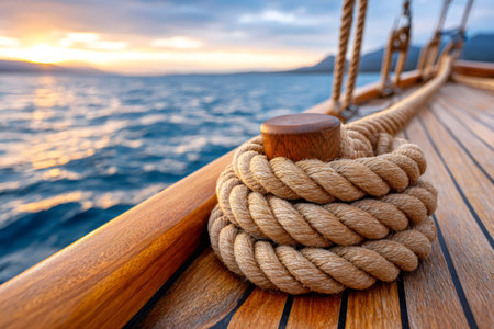 Rope tied on a wooden cleat with warm sunset colors over the ocean horizonの素材