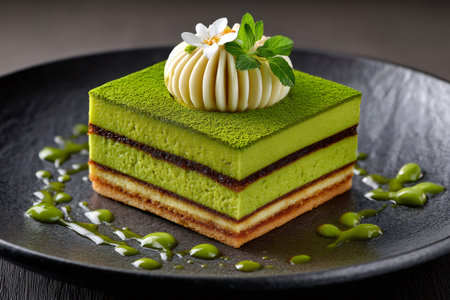 Matcha cake layering green tea mousse, ganache, and biscuit, garnished with cream and mintの素材