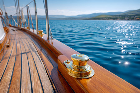 Traditional wooden yacht deck with a golden winch sailing on a calm blue seaの素材