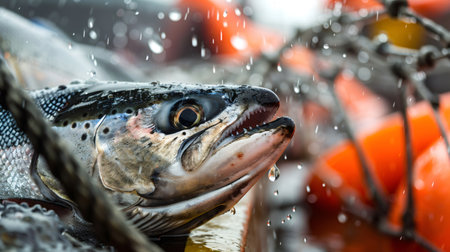Atlantic salmon being caught, showing wet scales and sharp teethの素材