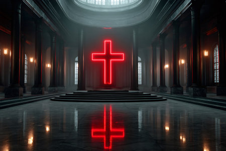 Dark, grand church interior featuring a vibrant red neon cross on a raised platformの素材