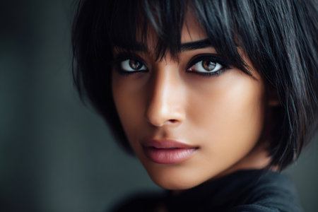Young woman with dark hair and bangs looking forward with an intense expressionの素材