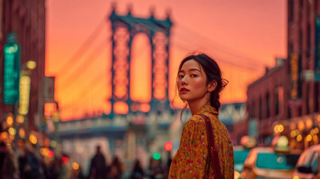 Woman facing camera on an urban street with the Manhattan Bridge visible at golden hourの素材
