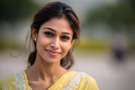 Young Indian woman presenting a warm smile, wearing a traditional embroidered sari outdoorsの素材