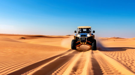 Drivers enjoying an adventurous off road rally experience across vast desert landscapeの素材